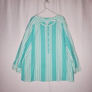 D&Co Top Half Button Top Womens‎ 3X Linen Aqua Stripe Pocket Long Roll Sleeve
